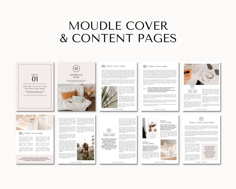 May include: A digital product mockup with a pink and white color scheme. The cover page features the text "Module One" and the text "Add the title of this section over here". The content pages feature text and images.