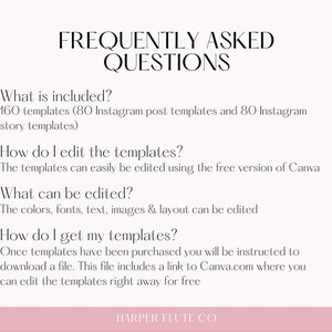 Peut inclure: Un graphique de texte avec le titre "Foire aux questions" et les r&eacute;ponses aux questions courantes sur les mod&egrave;les Instagram. Le texte comprend des informations sur le nombre de mod&egrave;les, la fa&ccedil;on de les modifier et la fa&ccedil;on de les acc&eacute;der.