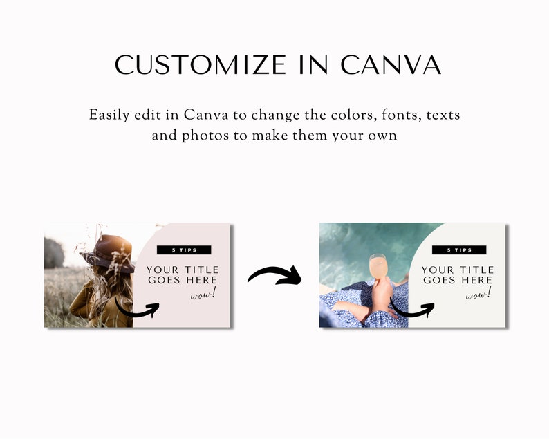 May include: A graphic with the text "CUSTOMIZE IN CANVA" and instructions to edit colors, fonts, and photos. Two example images are shown, each with a pink and white design and the text "5 TIPS" and "YOUR TITLE GOES HERE wow!".
