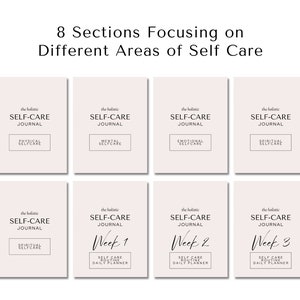 May include: Eight beige cards with black text. Each card has the title "The Holistic Self-Care Journal" and a different category of self-care: Physical, Mental, Emotional, Spiritual, Self-Care Routine, Week 1, Week 2, Week 3.