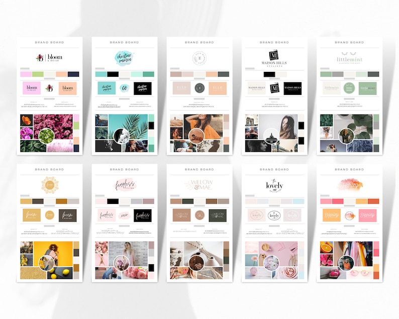 Puede incluir: Una colecci&oacute;n de tableros de marca con diferentes logotipos, paletas de colores y mood boards. Los logotipos incluyen una flor, una hoja, una casa, una hoja de menta, un sol, una pluma, un coraz&oacute;n y un c&iacute;rculo. Las paletas de colores incluyen rosa, verde, azul, marr&oacute;n y amarillo. Los mood boards incluyen im&aacute;genes de flores, plantas, casas y personas.