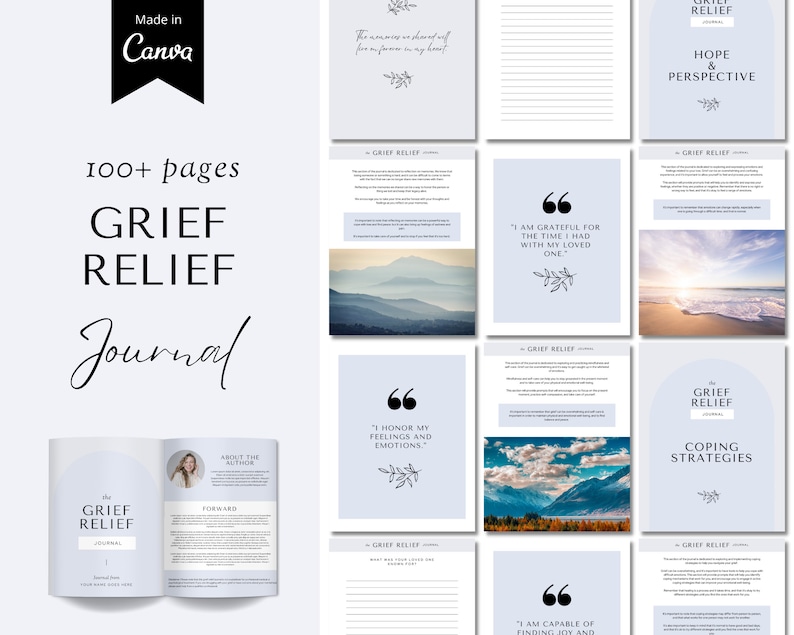 Może przedstawiać: Okładka dziennika w kolorze niebieskim i białym z tekstem "The Grief Relief Journal" i "100+ stron". Dziennik został stworzony, aby pom&oacute;c ludziom poradzić sobie z żalem i stratą. Okładka zawiera cytat o szanowaniu uczuć i emocji.