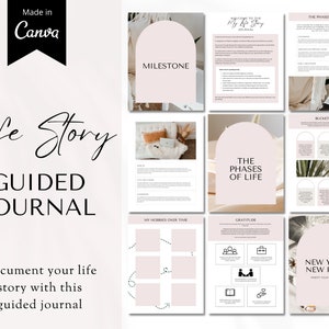 May include: A printable life story journal with a pink and white color scheme. The journal includes prompts for milestones, hobbies, gratitude, and bucket lists. The text on the cover reads "Life Story Guided Journal".