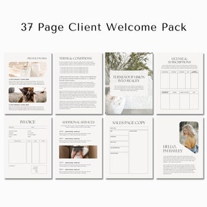 Puede incluir: Un paquete de bienvenida para clientes de 37 p&aacute;ginas con un dise&ntilde;o minimalista. Las p&aacute;ginas incluyen secciones para trabajos anteriores, t&eacute;rminos y condiciones, servicios adicionales, copia de la p&aacute;gina de ventas, licencias y suscripciones, y un mensaje de bienvenida.