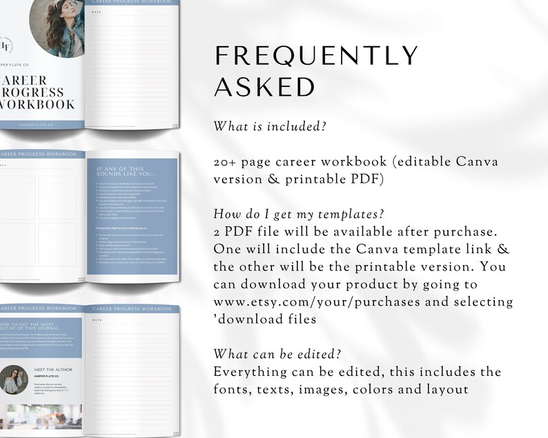 May include: A blue and white printable career progress workbook with the text "Career Progress Workbook" and "Frequently Asked" in black text. The workbook includes 20+ pages and is available in both a printable PDF and an editable Canva version.