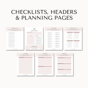 May include: A set of printable checklists, headers, and planning pages in a light pink color scheme. The pages are designed for use in a planner or journal.