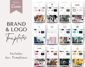 May include: A collection of 12 brand board templates for creating a cohesive brand identity. Each template includes a logo, color palette, font choices, and mood board. The templates are designed in Canva and include 60+ templates.