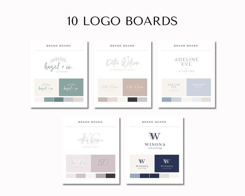 Puede incluir: Diez tableros de marca para diferentes negocios. Cada tablero presenta un logotipo, una paleta de colores y opciones de fuente. Los logotipos incluyen un dise&ntilde;o floral, texto escrito a mano e iniciales.