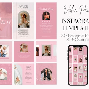 Peut inclure: Une maquette de produit num&eacute;rique rose et blanche pr&eacute;sentant 80 mod&egrave;les de publications et d'histoires Instagram. Les mod&egrave;les sont affich&eacute;s sur l'&eacute;cran d'un smartphone et pr&eacute;sentent une vari&eacute;t&eacute; de designs avec des sch&eacute;mas de couleurs rose et blanc.