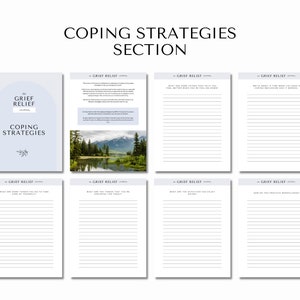 Może przedstawiać: Drukowany dziennik łagodzenia żalu z niebiesko-białą okładką z tekstem "The Grief Relief Journal" i "Coping Strategies". Dziennik zawiera sekcje do prowadzenia dziennika na temat strategii radzenia sobie, łagodzenia żalu i uważności.