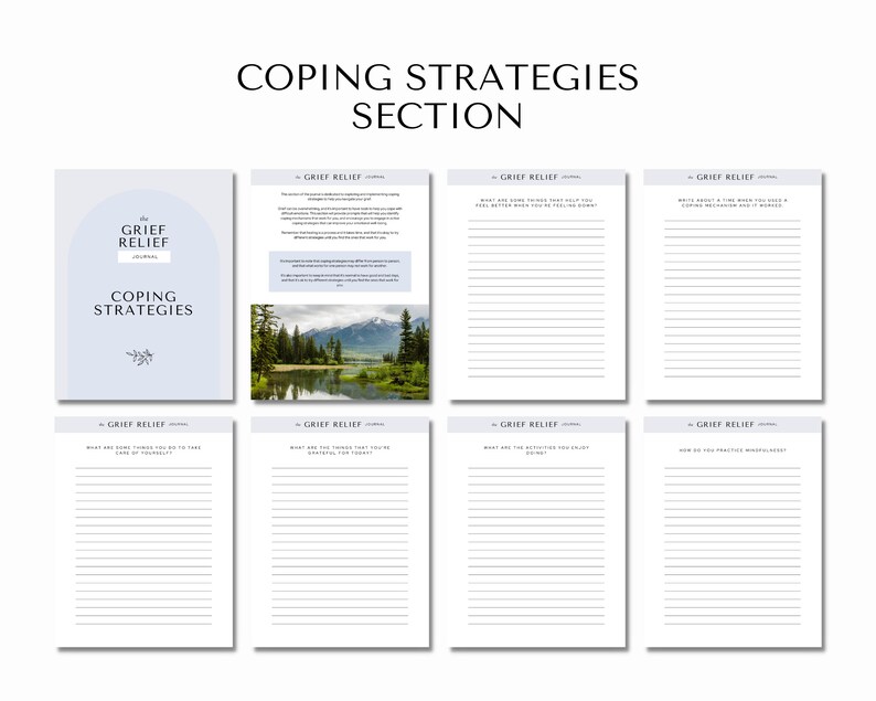 Może przedstawiać: Drukowany dziennik łagodzenia żalu z niebiesko-białą okładką z tekstem "The Grief Relief Journal" i "Coping Strategies". Dziennik zawiera sekcje do prowadzenia dziennika na temat strategii radzenia sobie, łagodzenia żalu i uważności.