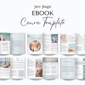 Puede incluir: Una plantilla de libro electrónico de Canva con un esquema de color azul y blanco. La plantilla incluye páginas para una sección de bienvenida, una página de contacto, una página de agradecimiento y una página de herramientas y recursos. La plantilla también incluye una página de citas y una página con el título "Agregar el título de esta sección aquí".