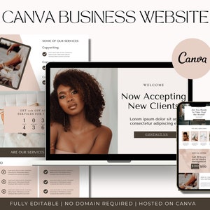 Puede incluir: Una maqueta de sitio web para un negocio que utiliza Canva. El sitio web está diseñado en un estilo minimalista con un esquema de color rosa y marrón. El texto en el sitio web dice "Now Accepting New Clients".