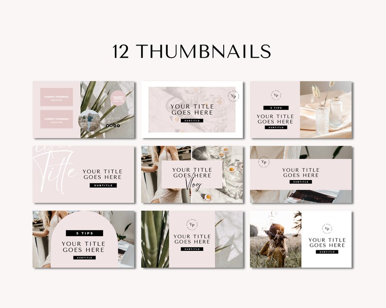 May include: Twelve pink and white Instagram thumbnail templates with text overlays. The text says "Your Title Goes Here" and "Subtitle". Some thumbnails feature images of plants, flowers, and a person wearing a hat.