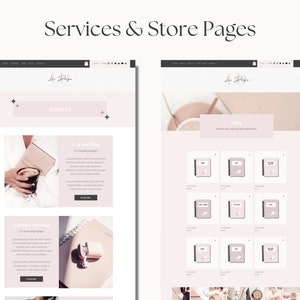 May include: A website screenshot showing two pages. The left page features a pink background with text that says "Services" and "Store Pages". The right page features a pink background with text that says "Store" and a grid of nine images of spiral bound notebooks.