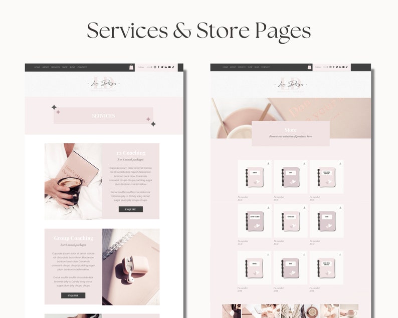 May include: A website screenshot showing two pages. The left page features a pink background with text that says "Services" and "Store Pages". The right page features a pink background with text that says "Store" and a grid of nine images of spiral bound notebooks.