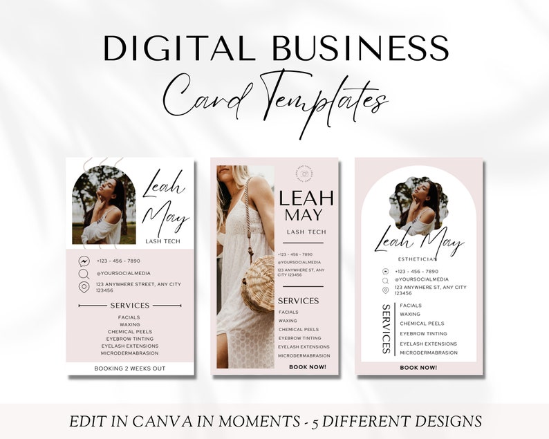 May include: Three digital business card templates for a lash technician or esthetician. Each template features a pink background with a circle containing a photo of a woman. The text on the cards includes the name "Leah May", the title "Lash Tech" or "Esthetician", contact information, a list of services, and the phrase "Book Now!"