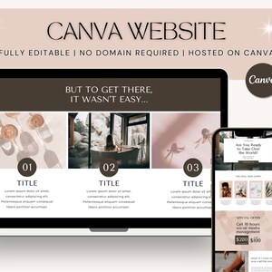 Puede incluir: Una maqueta de sitio web de Canva en la pantalla de una computadora portátil con un fondo marrón y el texto "BUT TO GET THERE, IT WASN'T EASY..." La pantalla está dividida en tres secciones con los números 01, 02 y 03. Cada sección tiene un título y texto. La computadora portátil está sobre una superficie blanca. Una maqueta de teléfono móvil se encuentra a la derecha de la imagen. La pantalla del teléfono muestra una maqueta de sitio web de Canva con el texto "Are You Ready to Take Over the World!" y una oferta especial para 10 horas de gestión de redes sociales por 100 €.