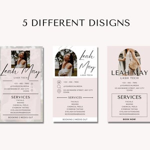 May include: Three pink and white business cards featuring a photo of a woman and the text "Leah May Lash Tech" with contact details and a list of services offered. The services include facials, waxing, chemical peels, eyebrow tinting, eyelash extensions, and microdermabrasion.