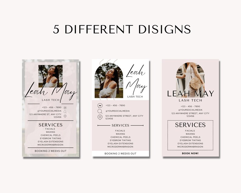 May include: Three pink and white business cards featuring a photo of a woman and the text "Leah May Lash Tech" with contact details and a list of services offered. The services include facials, waxing, chemical peels, eyebrow tinting, eyelash extensions, and microdermabrasion.