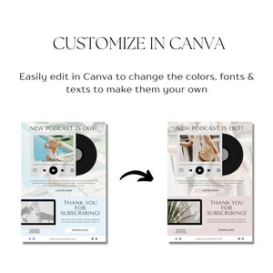May include: Two social media post templates for a new podcast episode. Both templates feature a black vinyl record, a play button, and the text "NEW PODCAST IS OUT!" The first template features a woman in a swimsuit by a pool. The second template features a woman in a white dress with a straw bag. Both templates have a light blue and white background.