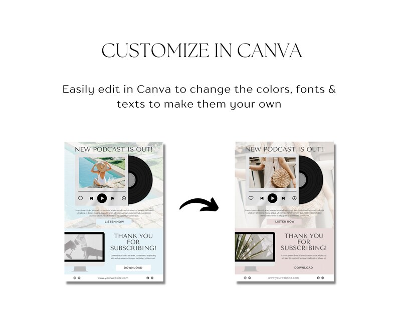 May include: Two social media post templates for a new podcast episode. Both templates feature a black vinyl record, a play button, and the text "NEW PODCAST IS OUT!" The first template features a woman in a swimsuit by a pool. The second template features a woman in a white dress with a straw bag. Both templates have a light blue and white background.