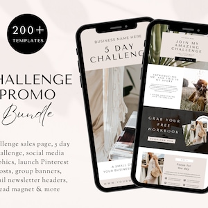 May include: Two phone screens showing a 5-day challenge promotion. The text on the screen says "Join My Amazing Challenge" and "5 Day Challenge".