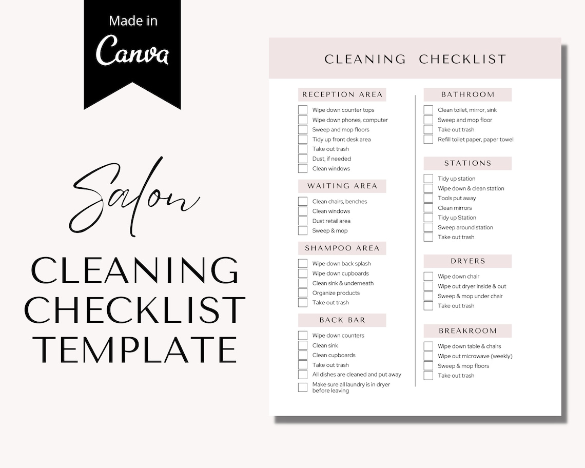 Salon Cleaning Checklist Editable, Cleaning Checklist Canva Template