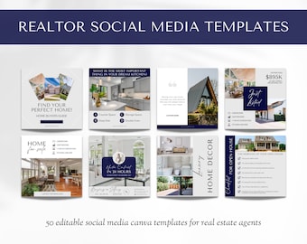May include: A set of nine social media templates for real estate agents. The templates feature images of homes, kitchens, and other real estate related imagery. The templates are designed to be used on platforms like Instagram and Facebook.