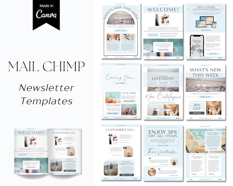 May include: A collection of Mailchimp newsletter templates with a beach theme. The templates feature a light blue background with white text and images of a beach, ocean, and seashells. The templates include a welcome message, a new course announcement, a blog post, a giveaway, a new catalog, a weekly promotion, and a customer testimonial.