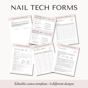 May include: Six printable forms for nail technicians, including a client consultation form, a client treatment record, an aftercare information sheet, a consent form, a client appointment planner, and a client competition form. The forms are designed in a minimalist style with a pink background and black text.