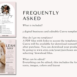 May include: A pink and white business card template for a lash technician named Leah May. The card features a photo of a woman with long lashes and the text "Leah May Lash Tech" in a bold font. The card also includes a list of services offered, such as facials, waxing, chemical peels, eyebrow tinting, eyelash extensions, and microdermabrasion. The card also includes contact information and a call to action to book now.