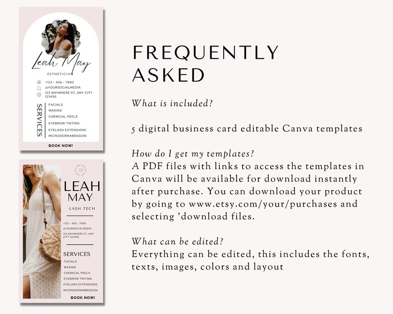 May include: A pink and white business card template for a lash technician named Leah May. The card features a photo of a woman with long lashes and the text "Leah May Lash Tech" in a bold font. The card also includes a list of services offered, such as facials, waxing, chemical peels, eyebrow tinting, eyelash extensions, and microdermabrasion. The card also includes contact information and a call to action to book now.