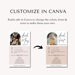 May include: Two pink and white business cards with a photo of a woman on each. The text on the cards reads "Leah May, Lash Tech" and "Leah Pat, Hair Dresser". The cards list services offered, contact information, and the phrase "Booking 2 weeks out".