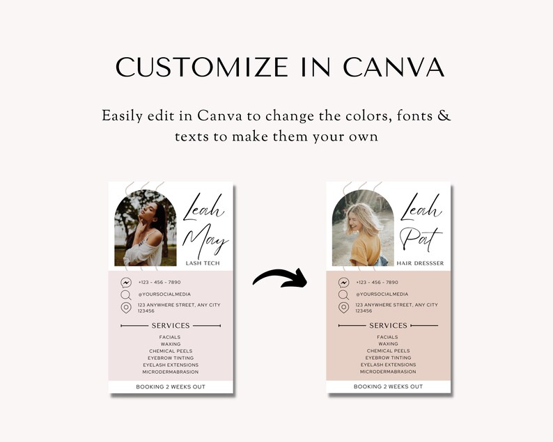 May include: Two pink and white business cards with a photo of a woman on each. The text on the cards reads "Leah May, Lash Tech" and "Leah Pat, Hair Dresser". The cards list services offered, contact information, and the phrase "Booking 2 weeks out".