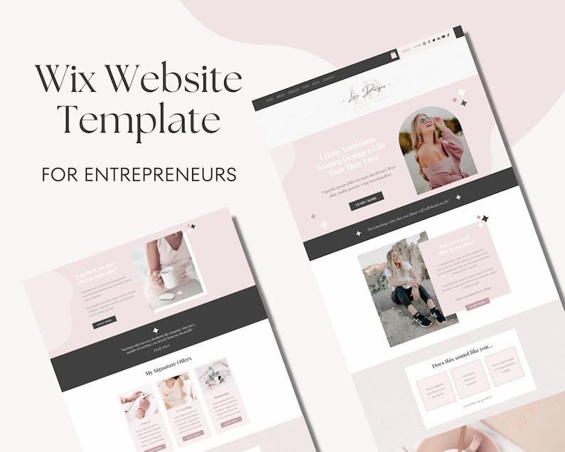 May include: A pink and white website template for entrepreneurs, featuring a woman in a pink shirt and sunglasses. The text on the website reads "Wix Website Template for Entrepreneurs" and "I help ambitious women design a life that they love."