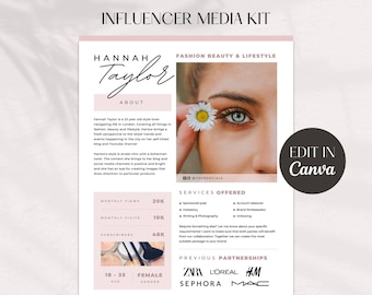 May include: A pink and white influencer media kit template. The kit includes the text "INFLUENCER MEDIA KIT" at the top, details about the influencer, services offered, and previous partnerships. The Canva logo is visible.