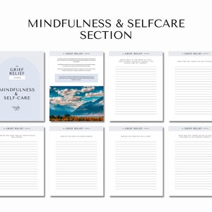 Może przedstawiać: Niebieski i biały dziennik do wydrukowania zatytułowany "The Grief Relief Journal: Mindfulness & Self-Care". Dziennik zawiera sekcję poświęconą uldze w b&oacute;lu i zawiera wskaz&oacute;wki dotyczące dbania o siebie i uważności.