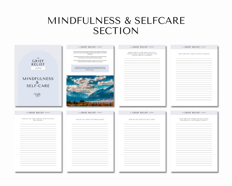 Może przedstawiać: Niebieski i biały dziennik do wydrukowania zatytułowany "The Grief Relief Journal: Mindfulness & Self-Care". Dziennik zawiera sekcję poświęconą uldze w b&oacute;lu i zawiera wskaz&oacute;wki dotyczące dbania o siebie i uważności.