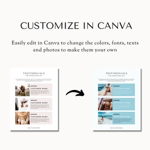 May include: Two different versions of a testimonial template for a business. The template features a light blue background with three customer testimonials. Each testimonial includes a customer name, a star rating, and a quote. The template also includes a place for the business name.