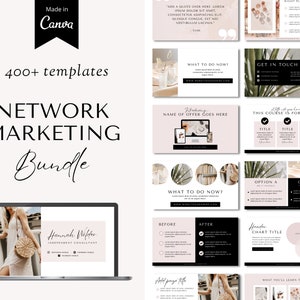 Puede incluir: Una colección de más de 400 plantillas de marketing de red en un esquema de color rosa y negro. Las plantillas presentan una variedad de diseños, que incluyen cuadros de texto, imágenes y gráficos. El texto "Network Marketing Bundle" se muestra en una fuente grande en la parte superior de la imagen.