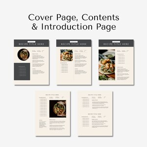 以下が含まれることがあります： ベージュの背景と黒いテキストで書かれたレシピ本の5ページ。各ページには、料理の写真とともに異なるレシピが掲載されています。テキストには、レシピのタイトル、材料、手順が含まれています。