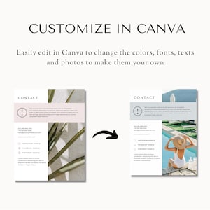 May include: Two versions of a customizable contact page template for Canva. The first version features a photo of a palm tree with shadows on a white wall. The second version features a photo of a woman in a white swimsuit and a straw hat sitting by a pool. Both versions include the text "CONTACT" and a warning symbol.
