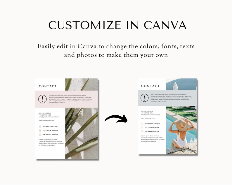 May include: Two versions of a customizable contact page template for Canva. The first version features a photo of a palm tree with shadows on a white wall. The second version features a photo of a woman in a white swimsuit and a straw hat sitting by a pool. Both versions include the text "CONTACT" and a warning symbol.