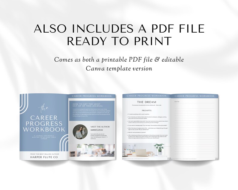 May include: An open blue and white career progress workbook with the title "The Career Progress Workbook" and the text "How to get the most out of this journal" on the left page. The right page has the title "The Dream" and a list of prompts. The workbook is ready to print and comes as a printable PDF file and an editable Canva template version.