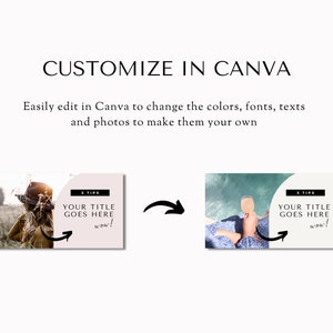 May include: Two Canva templates with a white background and a pink and white abstract shape. The text "5 TIPS" is in black text. The text "YOUR TITLE GOES HERE" is in black text. The text "wow!" is in black text. The first template features a woman in a field wearing a brown hat. The second template features a person's feet in a pool with a glass of wine.