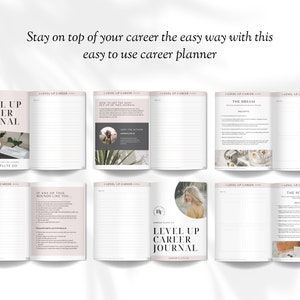 Może przedstawiać: R&oacute;żowo-biały planer z tytułem "Level Up Career Journal" i tekstem "Harper Flute Co." na okładce. Planer jest otwarty na stronie z tytułem "The Dream" i listą podpowiedzi.
