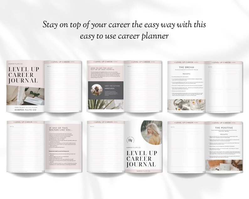 Może przedstawiać: R&oacute;żowo-biały planer z tytułem "Level Up Career Journal" i tekstem "Harper Flute Co." na okładce. Planer jest otwarty na stronie z tytułem "The Dream" i listą podpowiedzi.