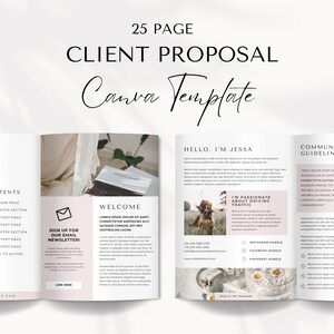 Könnte beinhalten: Eine 25-seitige Client-Vorschlagsvorlage, die für Canva entwickelt wurde. Die Vorlage verfügt über eine neutrale Farbpalette mit einem minimalistischen Design. Die Titelseite enthält den Text "25 Seiten Client-Vorschlag Canva-Vorlage". Die Innenseiten enthalten Abschnitte für "Inhalt", "Willkommen", "Hallo, ich bin Jessa", "Ich bin leidenschaftlich für das Steigern des Traffics" und "Kommunikationsrichtlinien".