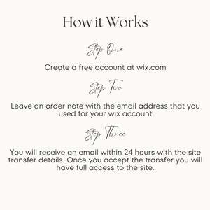 May include: A step-by-step guide on how to transfer a website from Wix.com. The steps include creating a free account, leaving an order note with your email address, and receiving an email with transfer details.